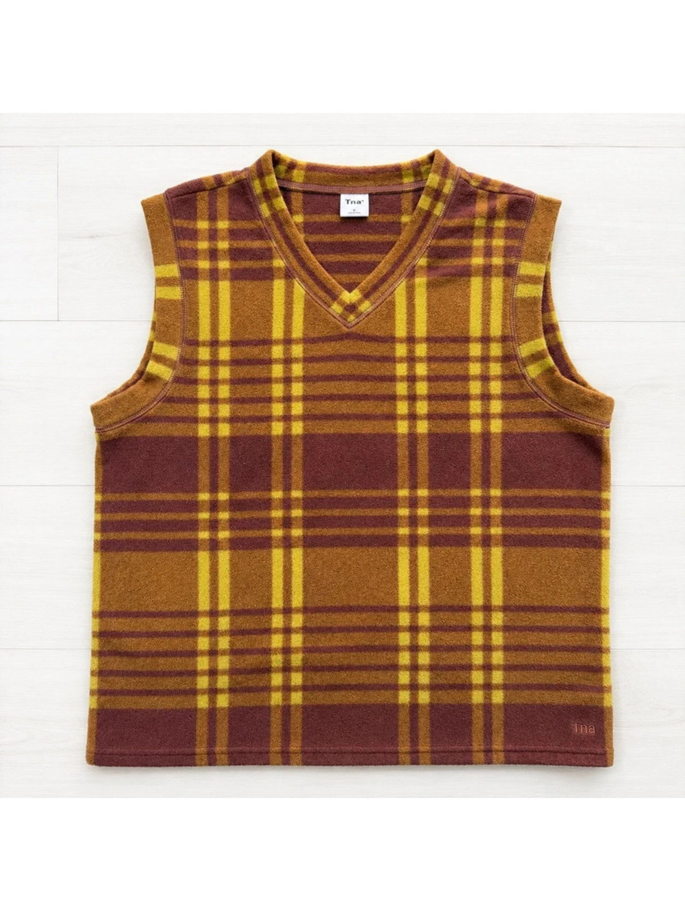 Aritzia TNA Women’s Small Plaid Fleece Sweater Vest Brown Burgundy Y2K Preppy